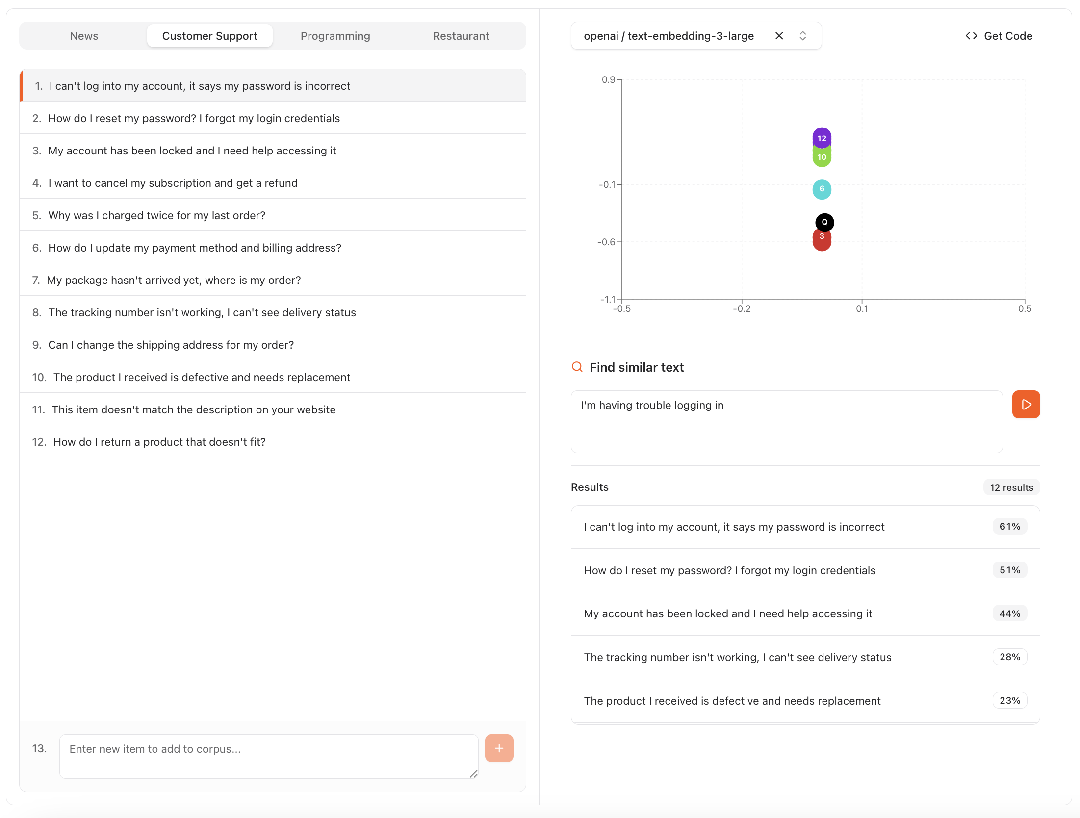 Screenshot of the Embeddings Playground in the Tetrate Agent Router Service