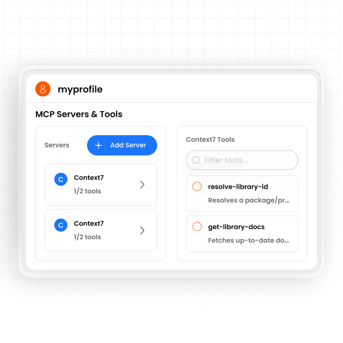 An MCP Gateway profile named myprofile exposing a curated set of Context7 tools to an agent as a single MCP server