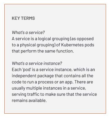 What's a service? A service is a logical grouping (as opposed to a physical grouping) of Kubernetes pods that perform the same function. What’s a service instance? Each 'pod' is a service instance, which is an independent package that contains all the code to run a process or an app. There are usually multiple instances in a service, serving traffic to make sure that the service remains available.