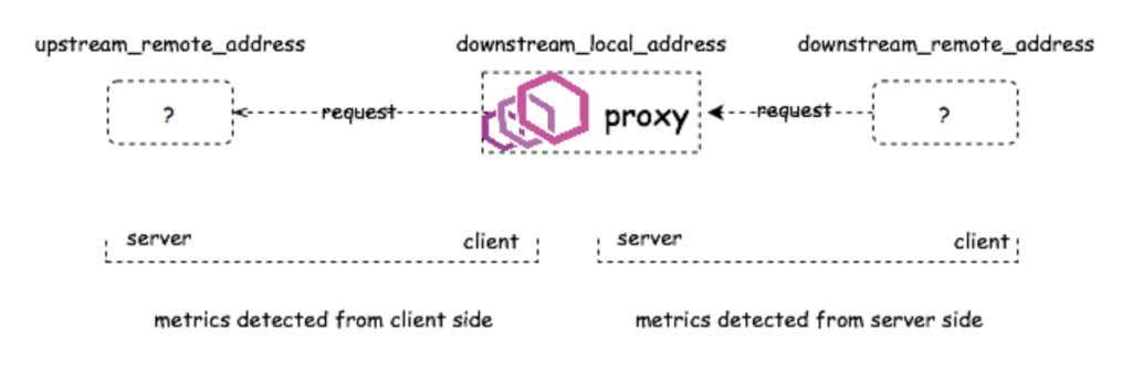 When Envoy is deployed as a proxy, it is an independent service itself and doesn't represent any other service like a sidecar does. Therefore, we can build client-side metrics as well as server-side metrics. 
