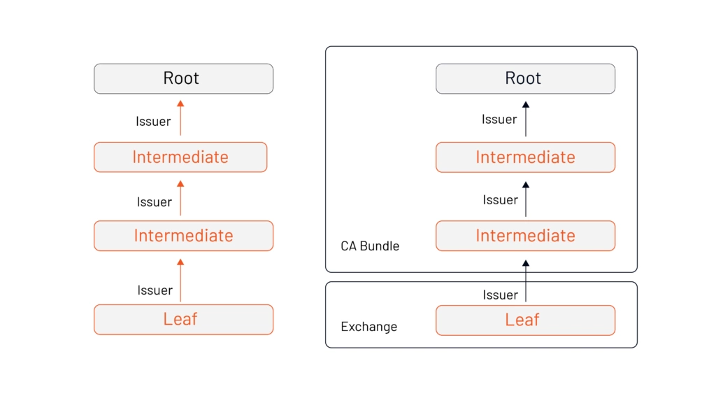 Alt: Certificate chain with leaf, intermediate, and root certificates. The server can choose to send the entire chain, or just part; as long as we have enough of the chain to walk from root to leaf, we can validate the cert.