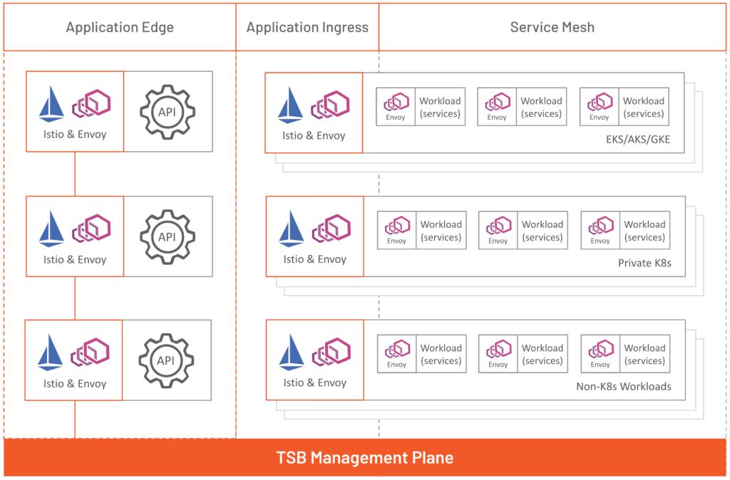 The TSB management plan sits over application edge, app ingress, and service mesh to provide a single pane