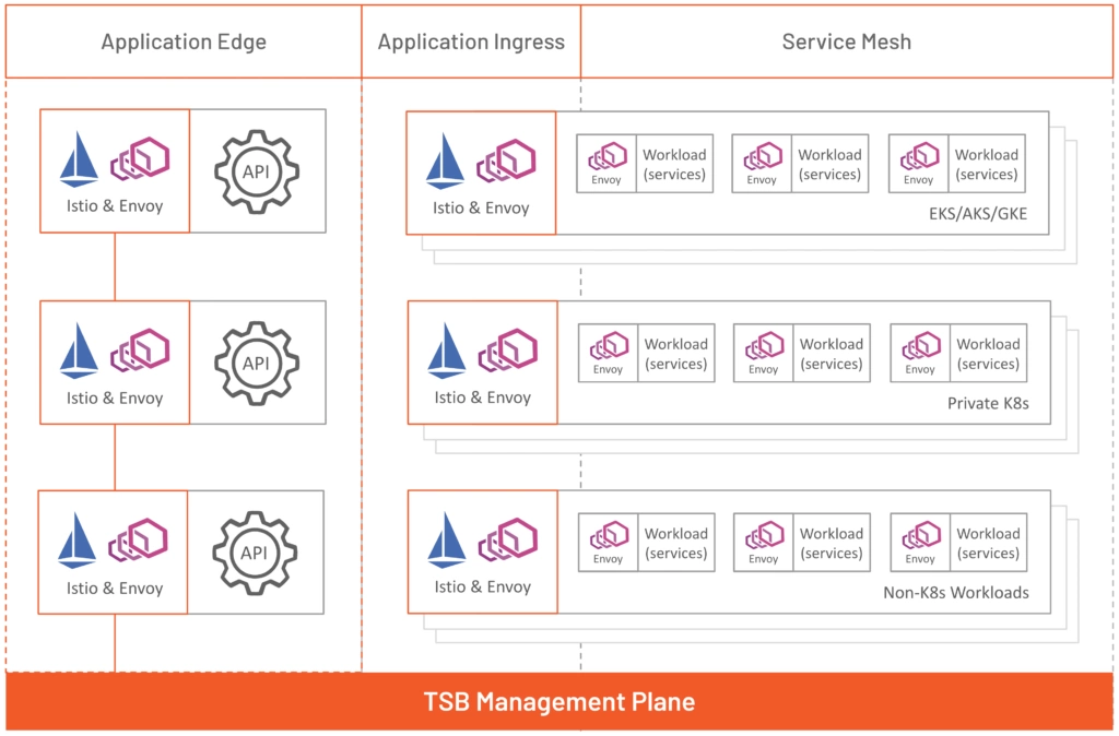 The TSB management plan sits over application edge, app ingress, and service mesh to provide a single pane