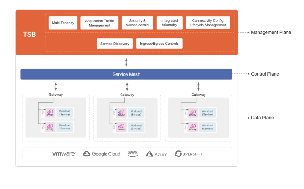 The TSB management plane sits on top of an Istio and Envoy mesh-managed environment