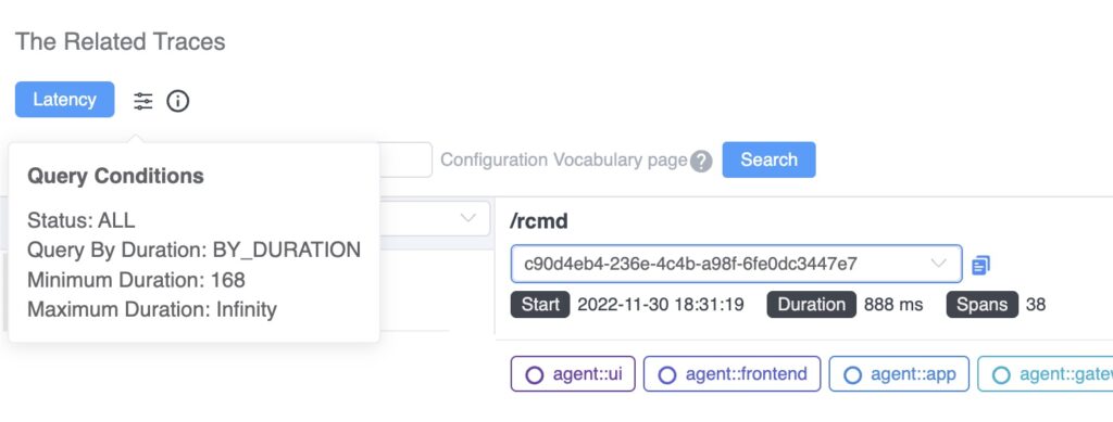 SkyWalking's query UI for searching for related traces showing traces for requests that exceed a particular duration threshold.