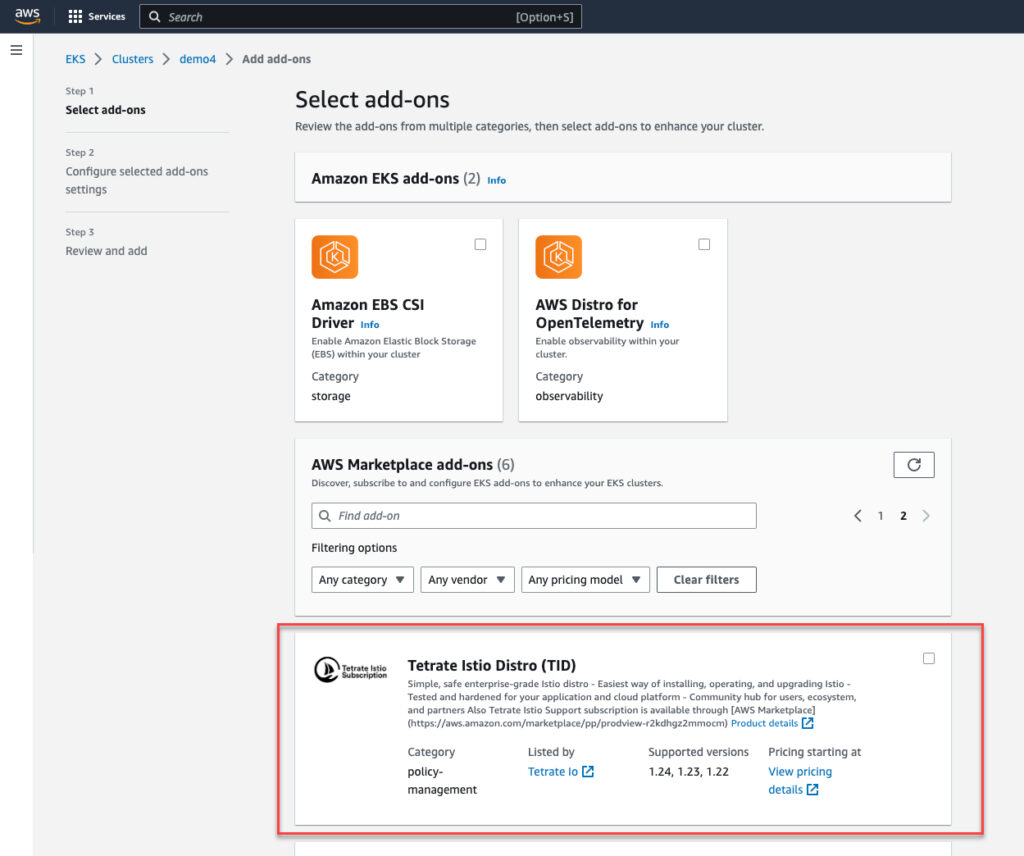 Tetrate Istio Distro add-on for EKS from AWS Marketplace